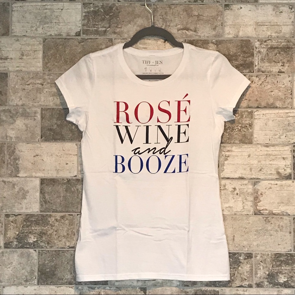 Rose Wine & Booze graphic tee.